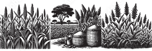 Millet Plantation in traditional woodcut drawing, black and white botanical illustration