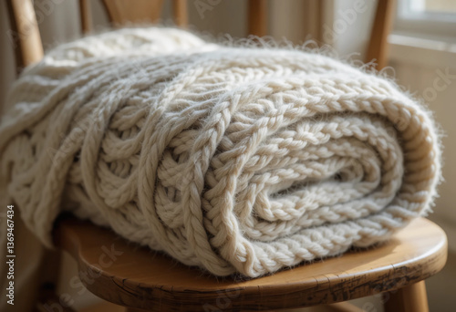 A soft, thick wool knit blanket folded neatly on a wooden chair