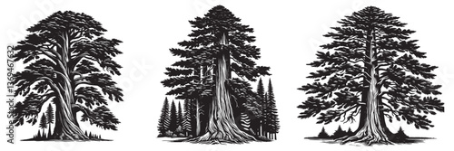 Redwood tree in traditional woodcut drawing, black and white botanical illustration