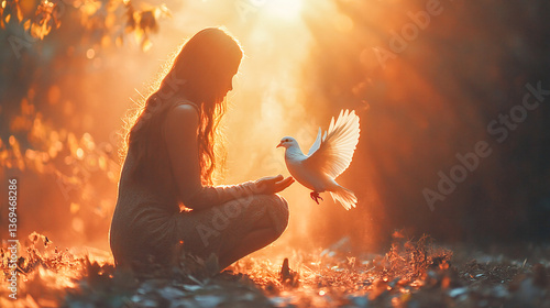Woman Prays on Bended Knee as the Holy Spirit Descends as a White Dove, Depicting Themes of Faith, Divine Intervention, and the Powerful Presence of God’s Grace in Worship