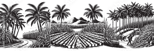 Sugarcane Plantation in traditional woodcut drawing, black and white botanical illustration