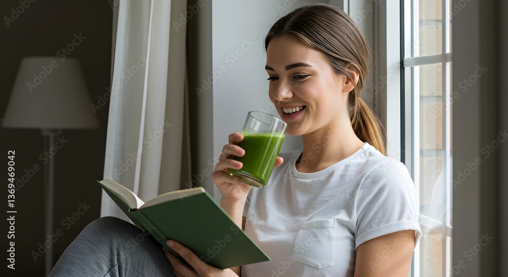 A cheerful young woman sitting by a window, holding a glass of green juice healty drink and reading a book. A cheerful young woman sitting by a window, holding a glass of green juice healty drink and reading a book.