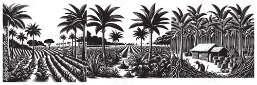 Vanilla Plantation in traditional woodcut drawing, black and white botanical illustration