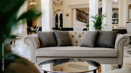 A plush sofa with soft cushions sits gracefully in a lavish hotel lobby, reflecting comfort and class in its elegant decor.