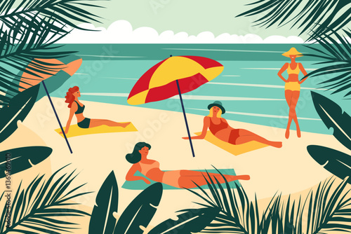 Summer beach with women relaxing and sunbathing. Women in swimsuits sunbathing on paradise beach. Sandy beach with women relaxing. Vector illustration of beach season.