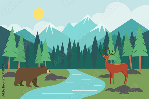 Photography Deer and bear at a watering hole near a river against the background of forest and mountains