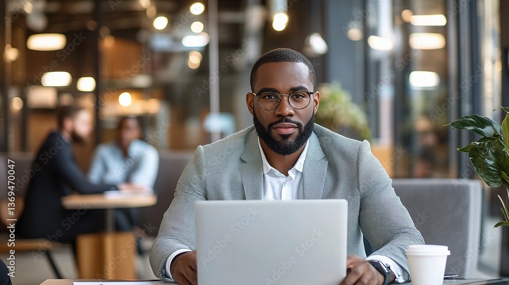 Focused Business Director Working on Laptop in Modern Office Space Focused Business Director Working on Laptop in Modern Office Space