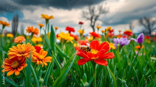 Colorful flowers field, bee pollinating, cloudy day