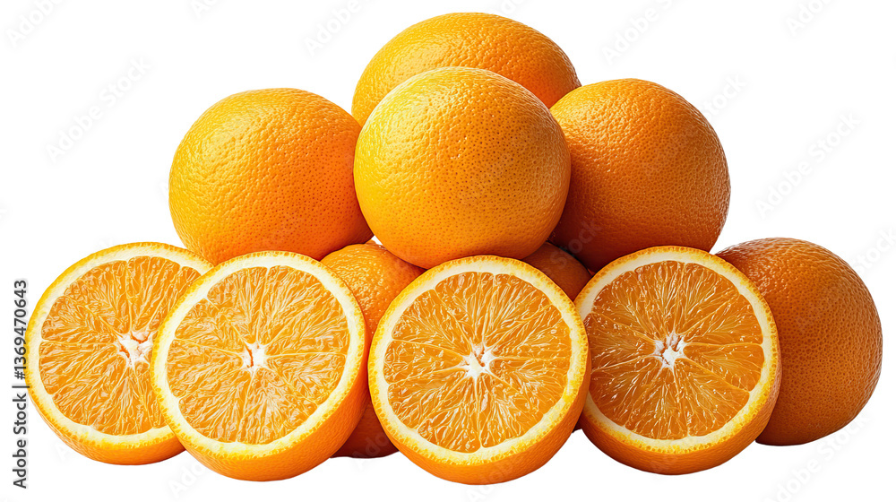 Fototapeta premium Oranges: A vibrant pile of juicy oranges, some whole, some sliced, showcasing the bright zest and inviting texture of the fruit, a refreshing visual.