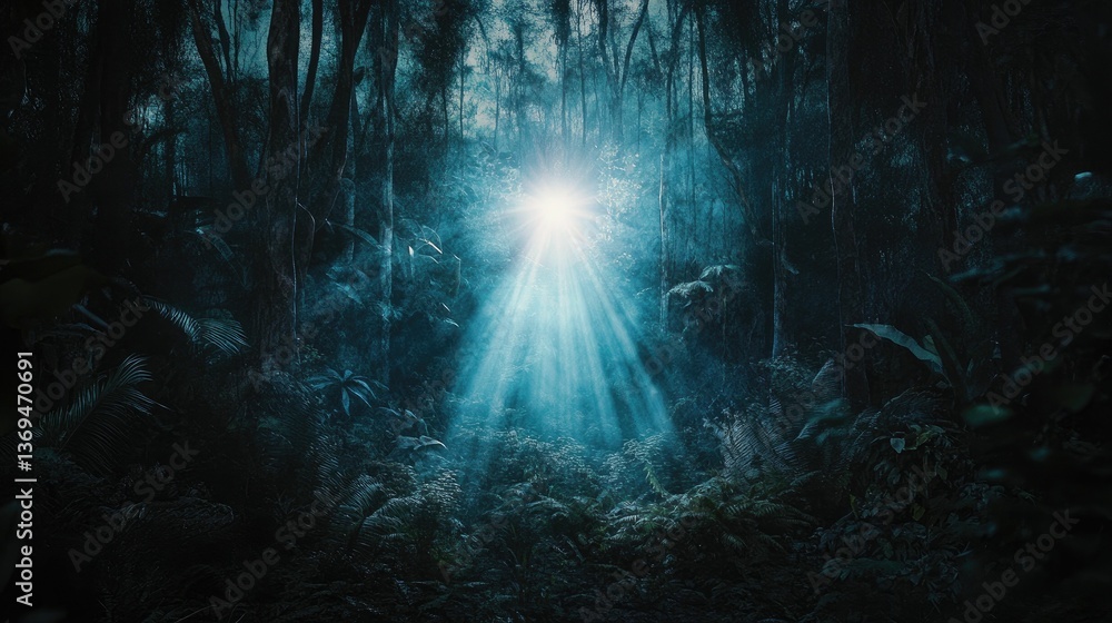 Obraz premium Sunlit path through dark, lush forest.