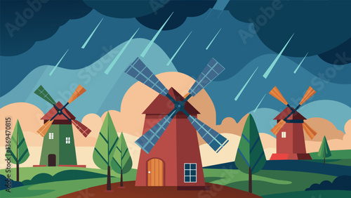 A storm approaches and the traditional windmills are ready their blades spinning faster and faster to combat the incoming rain.. Vector illustration