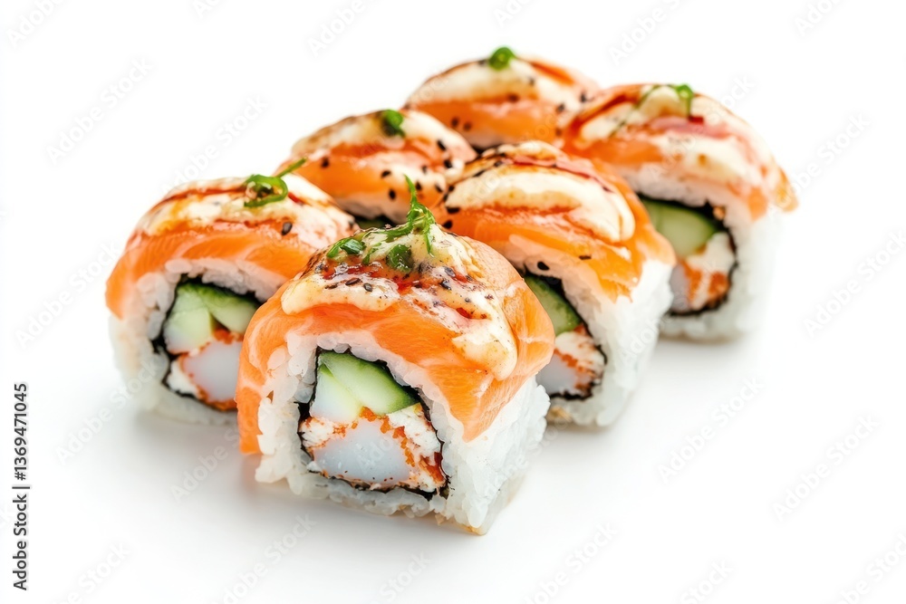 A gourmet sushi roll with fresh crab, cucumber, and a torched salmon topping, lightly seared and garnished, isolated on white. A gourmet sushi roll with fresh crab, cucumber, and a torched salmon topping, lightly seared and garnished, isolated on white.