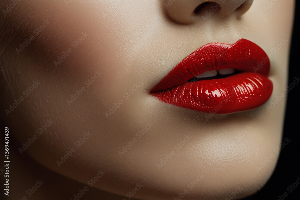 Obraz premium Close-up of Woman's Lips with Glossy Red Lipstick