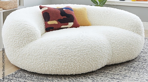 A large white curved sofa with colorful patterned decorative pillows