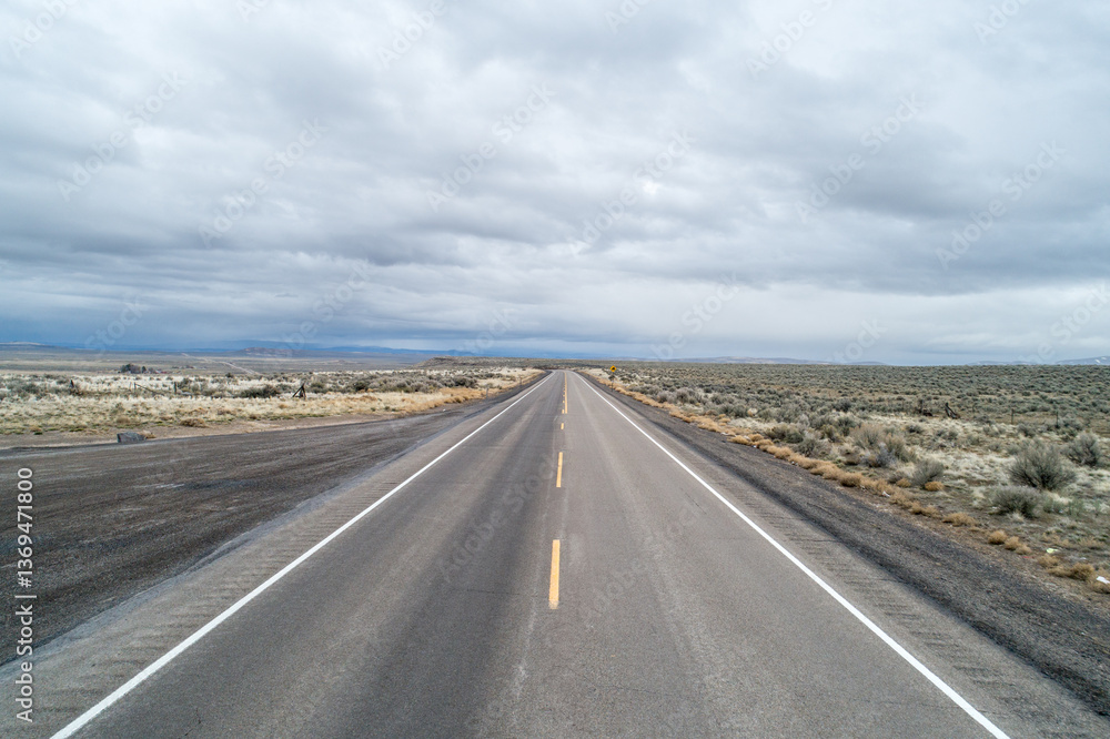 Naklejka premium A long, empty road with a few trees in the distance