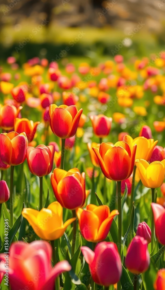 Vibrant pink, orange, and yellow tulips bloom in a sunlit meadow, pastel, macro Vibrant pink, orange, and yellow tulips bloom in a sunlit meadow, pastel, macro