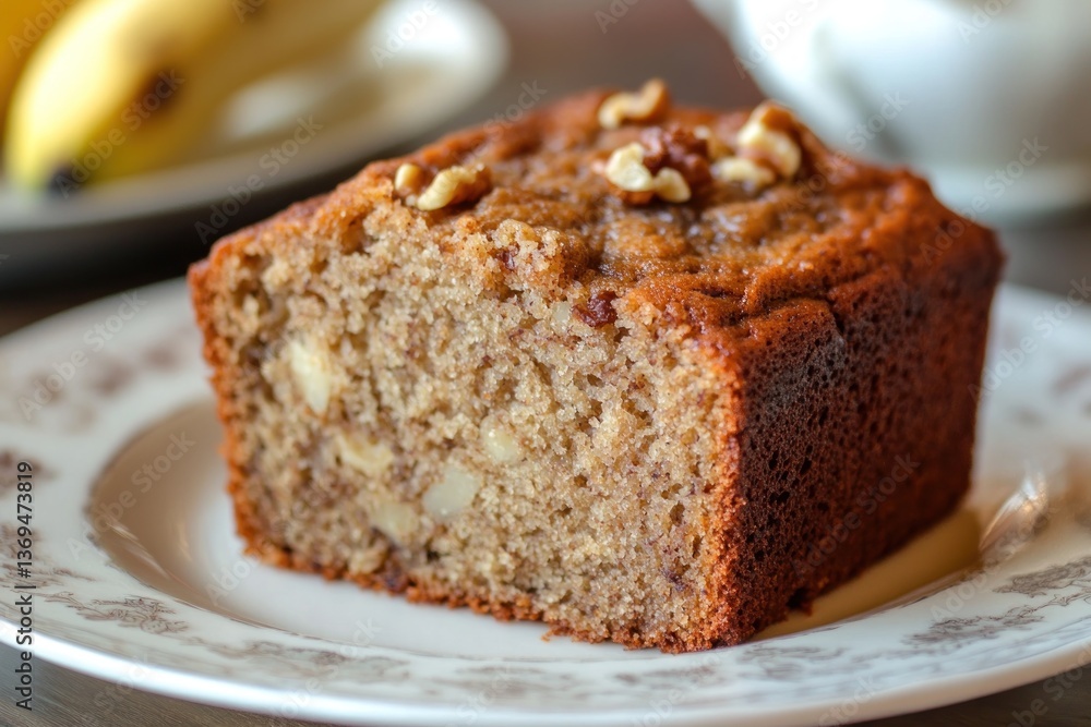 Banana bread slice, moist with visible walnut pieces. Banana bread slice, moist with visible walnut pieces.