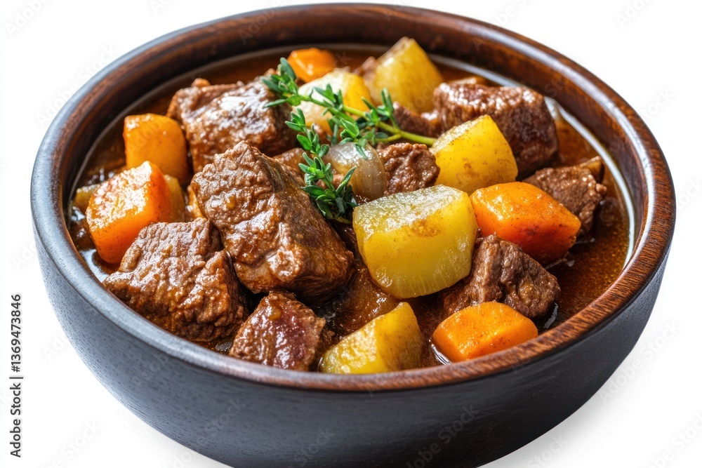 A hearty beef and Guinness stew with tender meat, root vegetables, and rich gravy, isolated on a transparent background. A hearty beef and Guinness stew with tender meat, root vegetables, and rich gravy, isolated on a transparent background.
