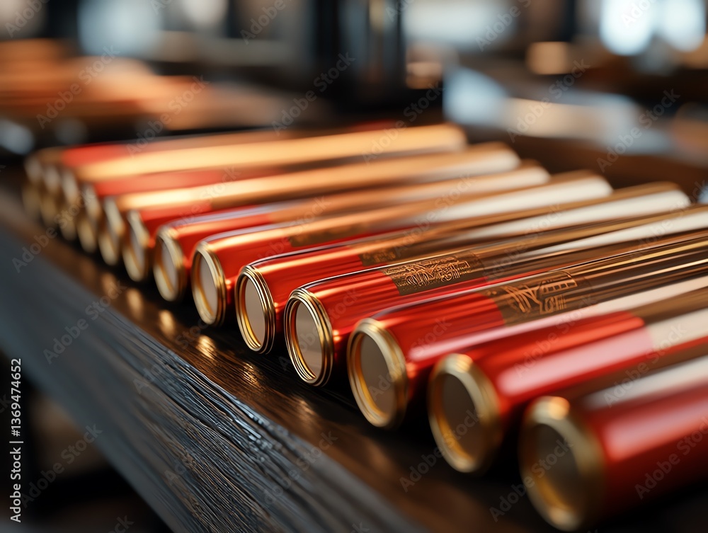 Naklejka premium A luxurious scene featuring bright red and gold spiral perm rods, placed symmetrically on a wooden countertop