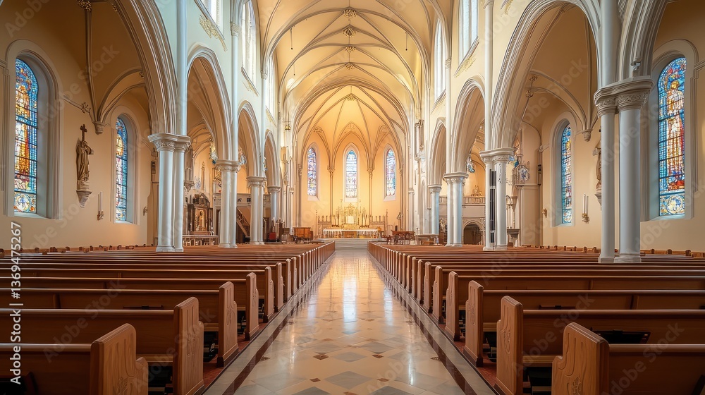 Fototapeta premium A wide-angle shot of a church interior with vaulted ceilings, empty pews, and a long view of the aisle leading to the altar.