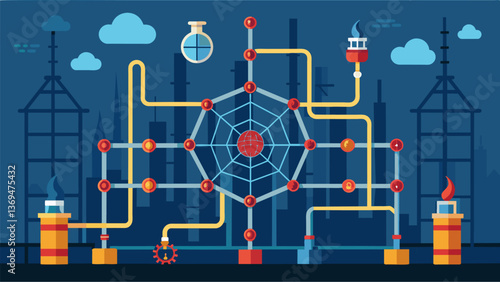 A spiderweb of interconnected pipelines connecting the various components of the refinery.. Vector illustration