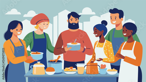 A group of coworkers volunteering at a soup kitchen serving up their homemade casseroles and desserts to grateful homeless individuals.. Vector illustration