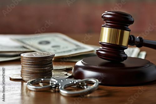 A wooden gavel rests beside stacked coins, handcuffs, and paper currency on a wooden surface, symbolizing the interplay of law, justice, and financial matters in legal proceedings.