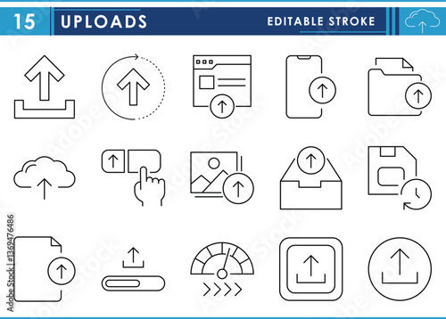 A set of line icons related to Uploads. Upload, file, document, photo, data, digital, cloud, saved, and so on. Vector editable stroke.