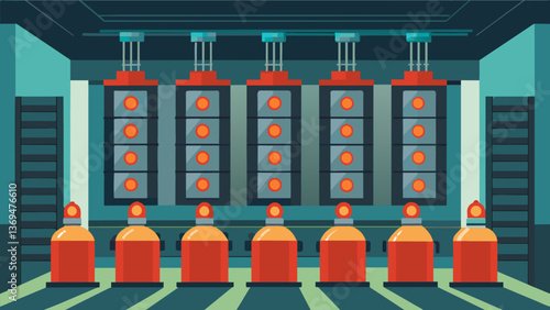 A specialized storage facility holds rows of fuel rods each one precisely p for maximum efficiency.. Vector illustration