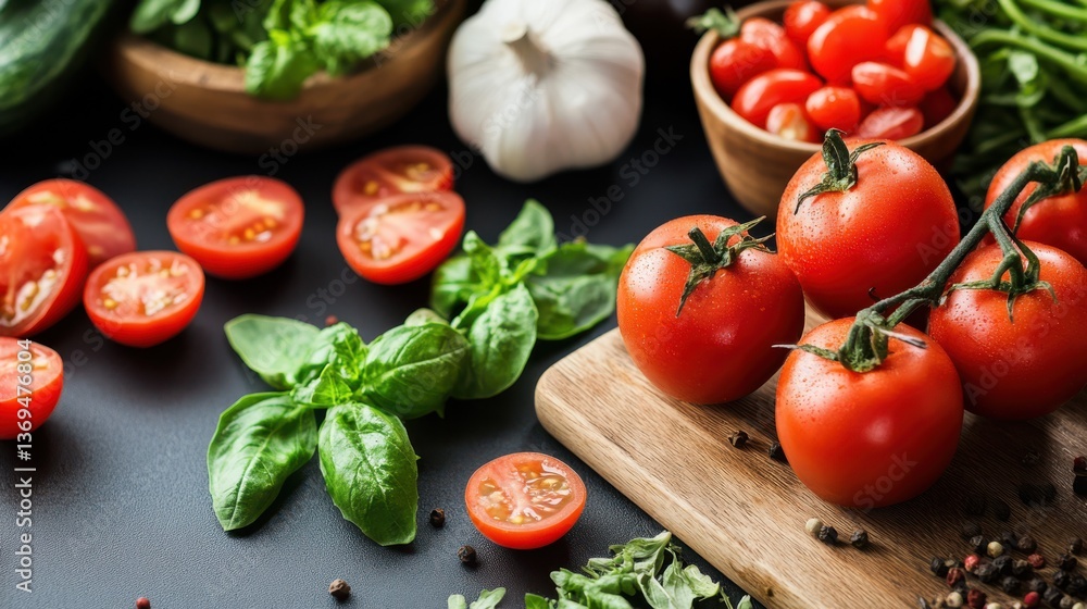 A vibrant assortment of fresh tomatoes, basil, and garlic arranged on a dark counter, capturing the essence of Mediterranean cuisine. A vibrant assortment of fresh tomatoes, basil, and garlic arranged on a dark counter, capturing the essence of Mediterranean cuisine.