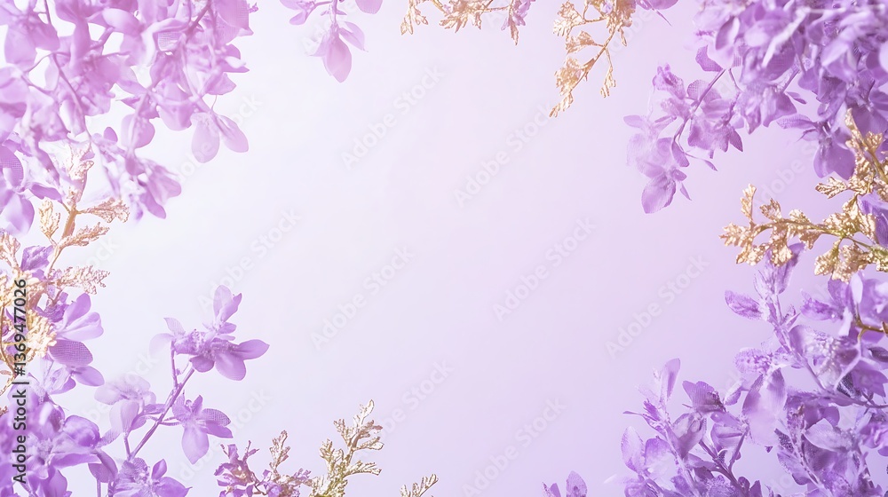 Purple leaves and golden branches frame a white background elegantly Purple leaves and golden branches frame a white background elegantly
