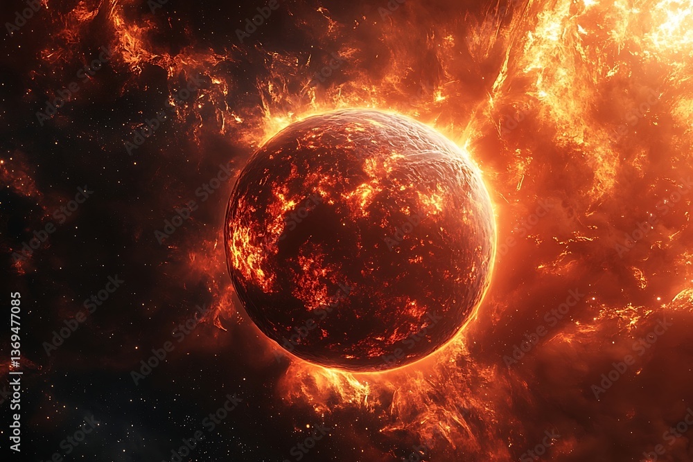 Burning Planet in Fiery Nebula Background Cosmic Explosion Illustration Burning Planet in Fiery Nebula Background Cosmic Explosion Illustration