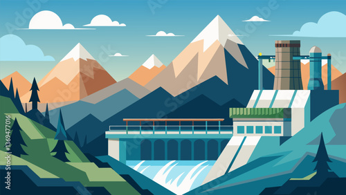 A true engineering marvel nestled in the craggy mountains the hydroelectric facility was a symbol of progress and sustainable living.. Vector illustration