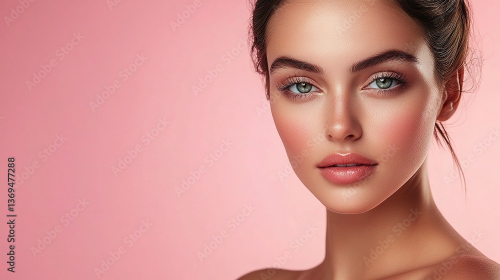 Fototapeta premium Elegant Brunette Woman With Smooth Glowing Skin in Soft Lighting