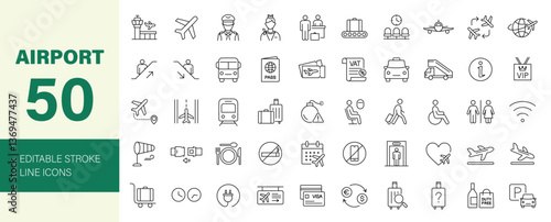 Airport icon set. Containing plane, ticket, passport, transport, luggage, travel, landing, check-in, pilot, stewardess, duty free and more. Editable line icons. Vector illustration.