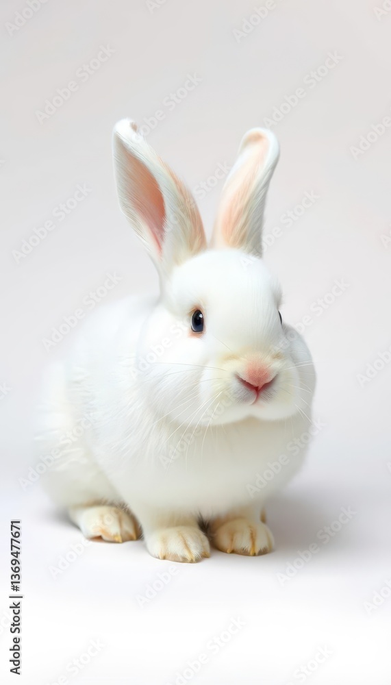 Obraz premium Fluffy white bunny rabbit sits on plain white background, image, lagomorph, easter