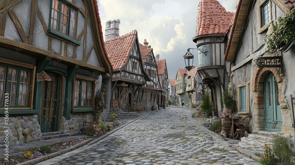 Obraz premium A winding cobblestone street through a medieval European village, surrounded by charming old buildings.
