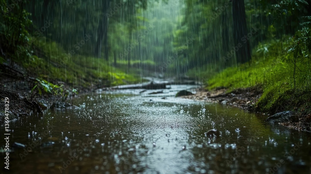 Rain falls on stream, lush green forest. Rain falls on stream, lush green forest.