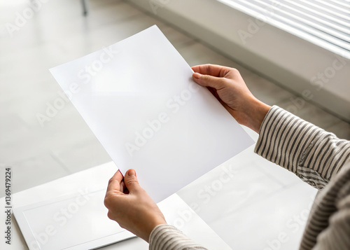 Hand hold blank paper mokup selective focus