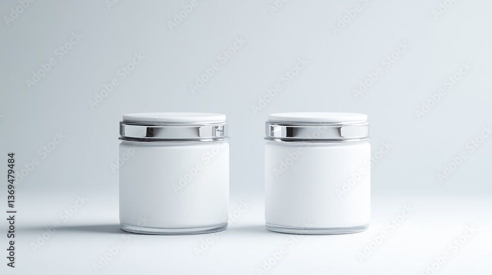 Two blank, white, cylindrical containers with silver bands Two blank, white, cylindrical containers with silver bands