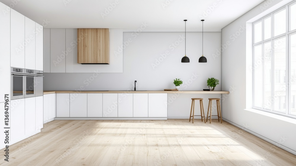 Fototapeta premium Minimalist White Kitchen Wood Accents, Pendant Lights and Bar Stools, Interior , Design