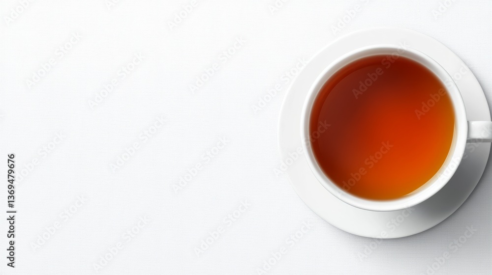 Minimalist Tea Top-View of Cup and Saucer on White Linen, drink , beverage Minimalist Tea Top-View of Cup and Saucer on White Linen, drink , beverage