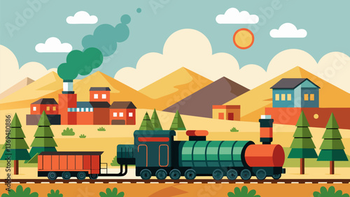 A small rural town comes to life as a train carrying oil barrels comes rumbling through its powerful locomotive engine pulling the vital resource to. Vector illustration