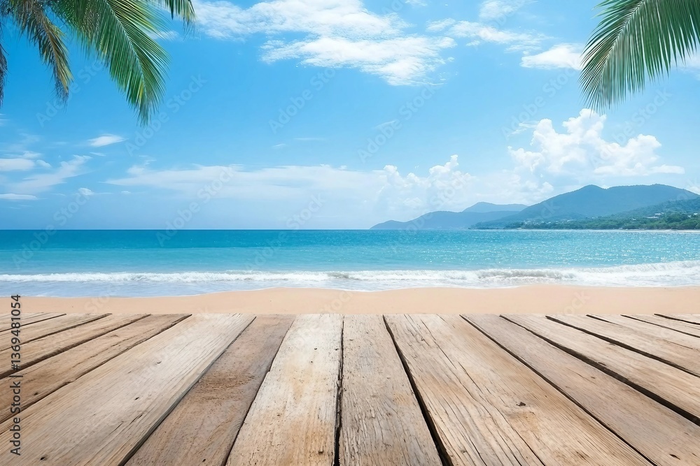 Fototapeta premium Wooden floors and ocean backdrop Suitable for a beach use. The beauty of nature