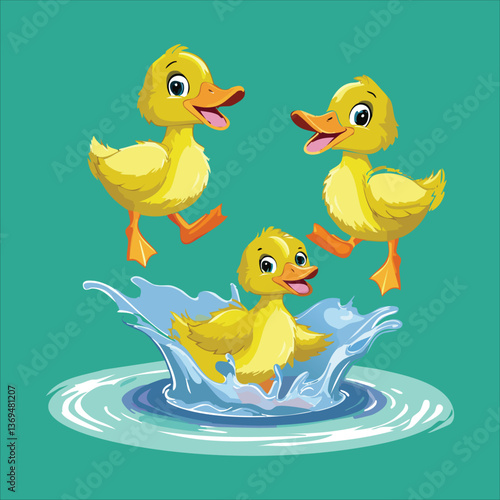 ducklings splashing in water, vector illustration