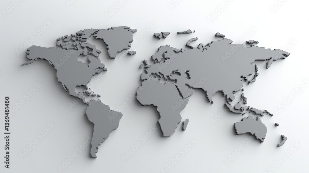 3D World Map on White, Gray Continents, Global, Geography 3D World Map on White, Gray Continents, Global, Geography
