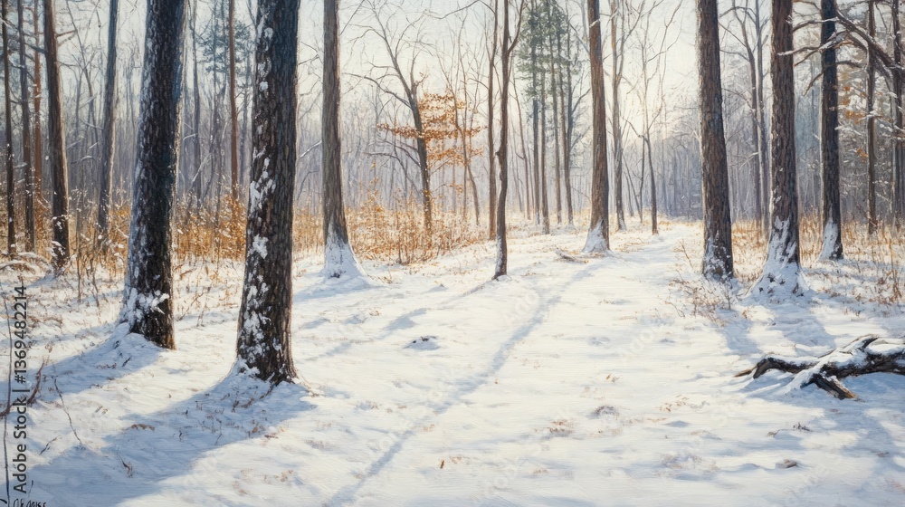 Snowy woodland path, sunlight, leafless trees. Snowy woodland path, sunlight, leafless trees.