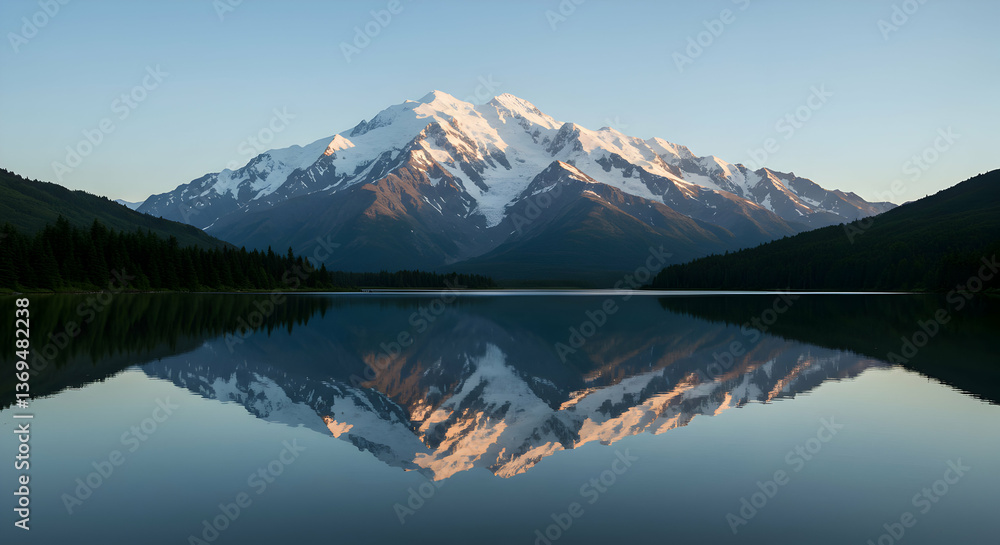 Naklejka premium Snow Capped Mountain Reflecting On Calm Lake