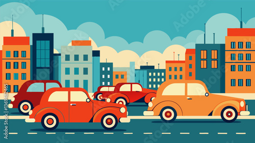 A line of intricately designed vintage cars reminiscent of a bygone era slowly making its way through the crowded city streets.. Vector illustration
