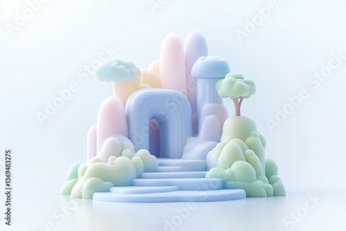 Pastel-toned whimsical landscape scene with soft, abstract forms and gentle stairs leading to an archway.  Fluffy clouds, rounded hills and trees create a playful, dreamy atmosphere